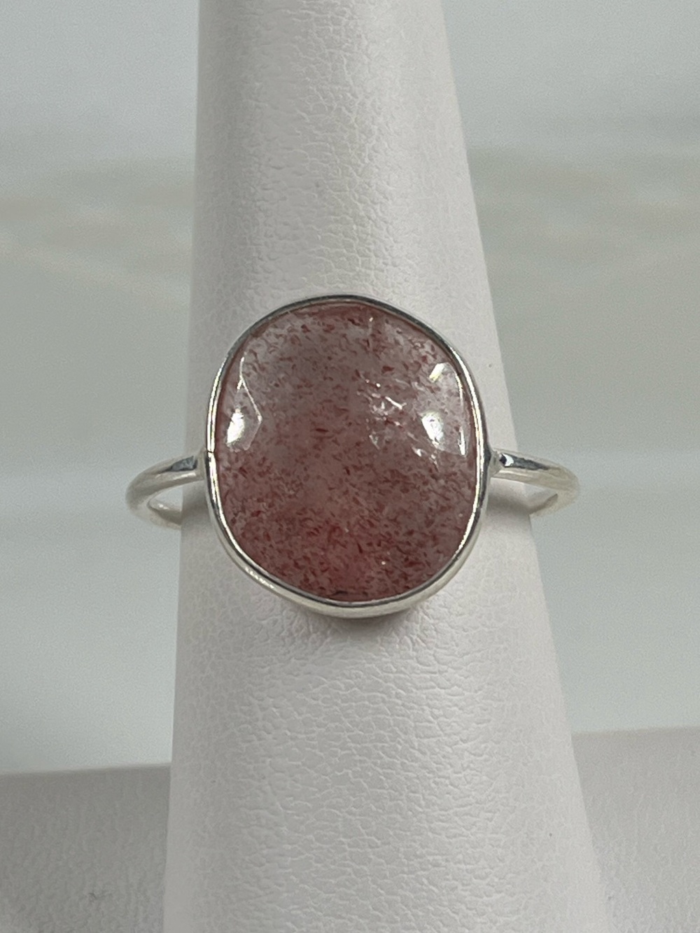 Solid Sterling Silver 925 Strawberry Quartz Gemstone Flat Stacker Ring Size 9